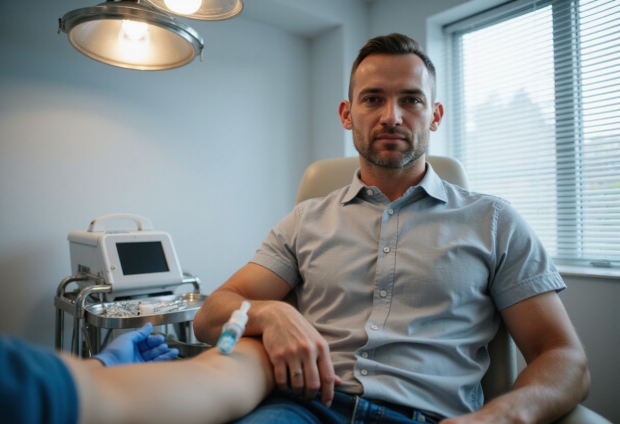 A patient receives PRP treatment for joint pain in a clinic.