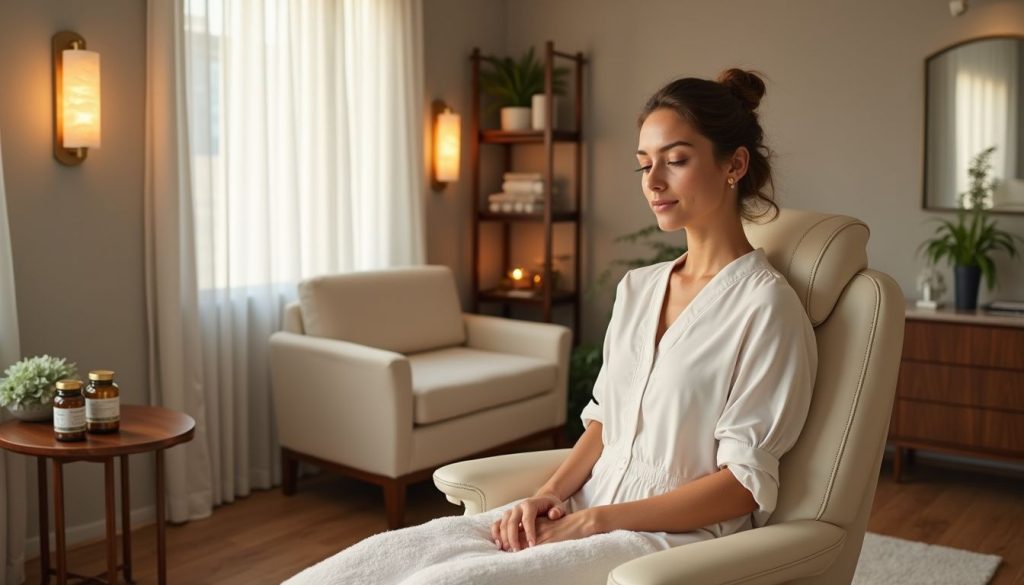A serene woman relaxes in an inviting MedSpa treatment room.