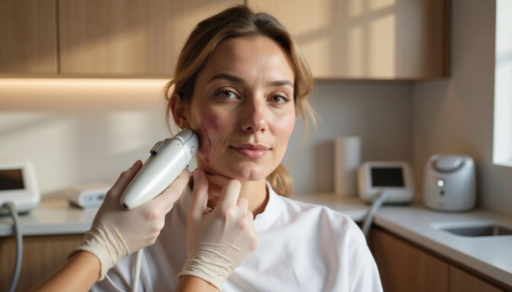 A woman receives a skin renewal treatment in a modern clinic.