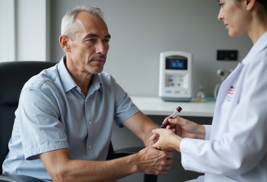 A patient receives Platelet-Rich Plasma therapy in a modern medical office.