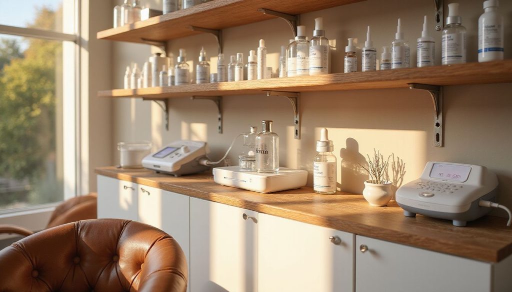 A skin clinic features organized skincare products and inviting decor.