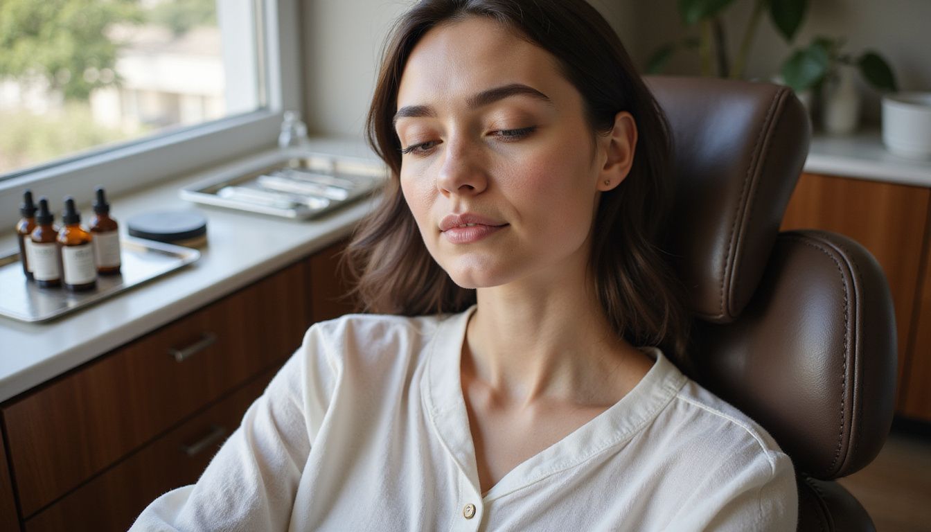 A woman relaxes in a dermatologist's office during a treatment